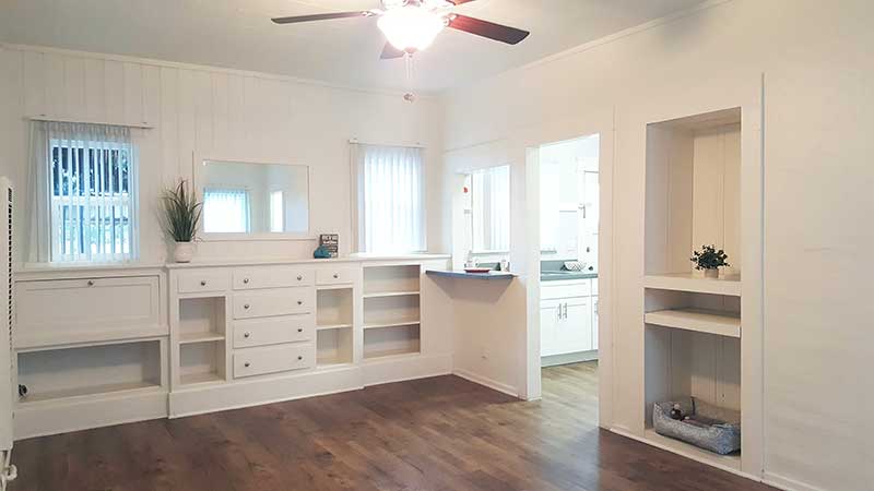 Apartment living room and built in shelving