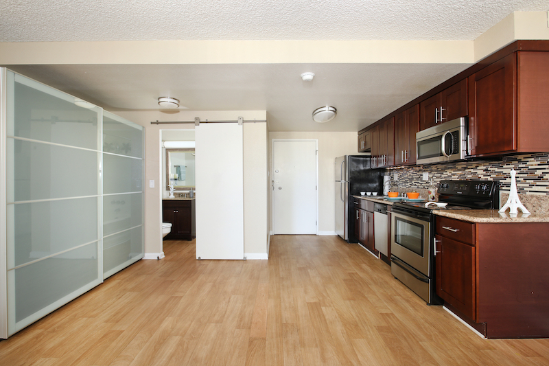 The Bixby studio looking back at kitchen and bathroom